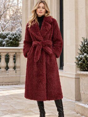 Burgundy Plush Faux Fur Belted Long Coat Luxury Winter Statement red maroon